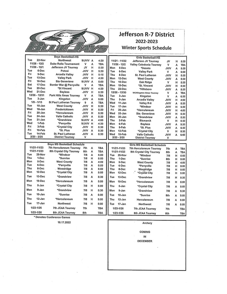 Jefferson R7 Winter Sports Schedule